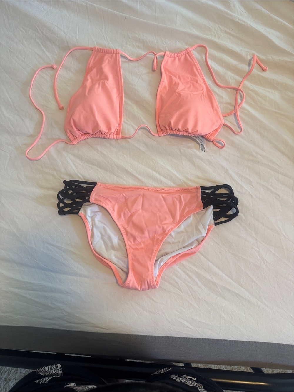 Peach Pink String Bikini Set with Black Strap Detail size Medium
